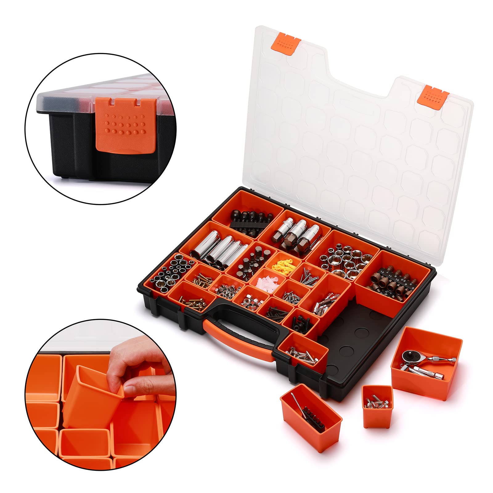 EMENTOL Juego de 3 cajas organizadoras portátiles multiusos con 72 compartimentos extraíbles, 3 cajas profesionales con dimensiones de 16.2 pulgadas de largo x 13 pulgadas de ancho x 2.3 pulgadas de