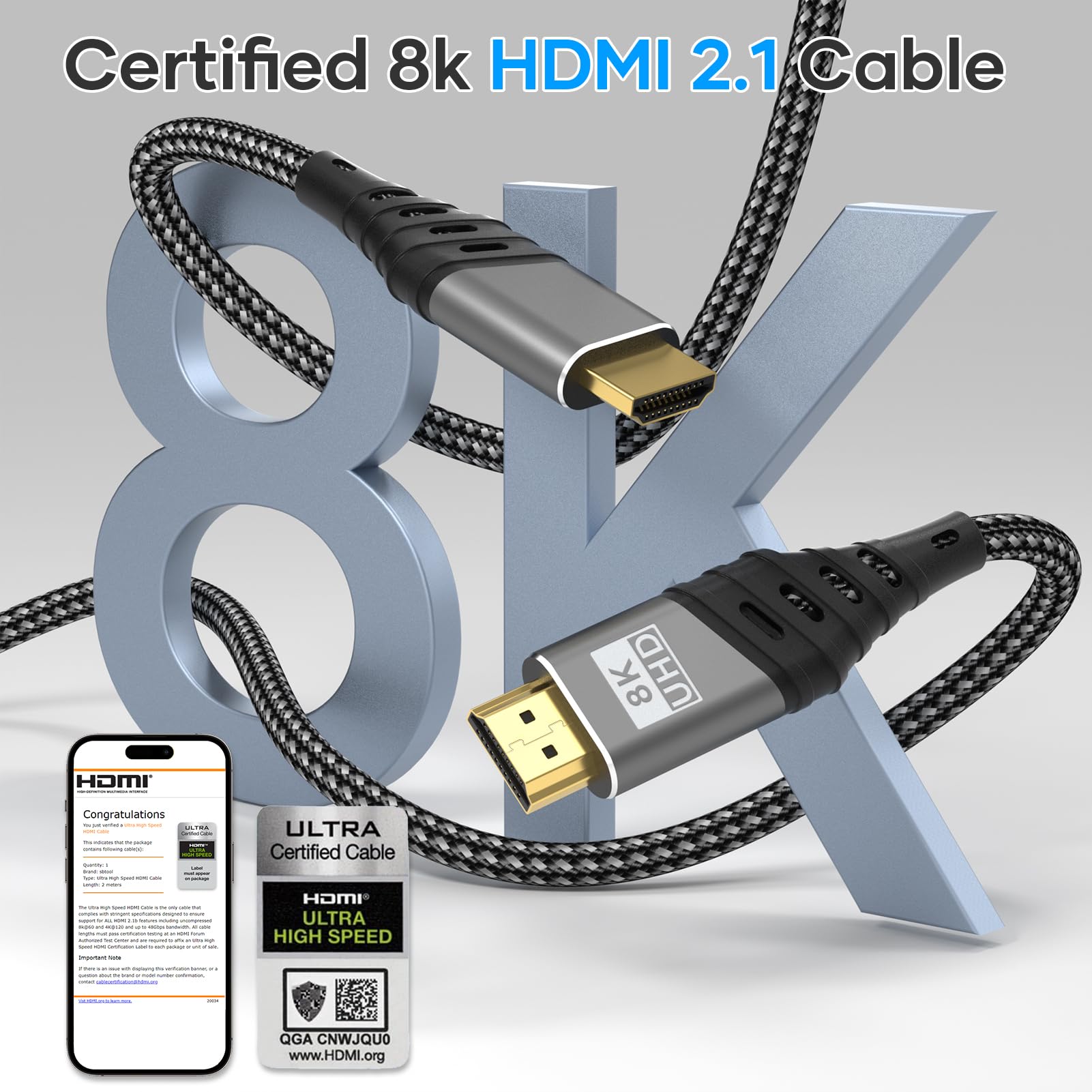 Cuszwee Cavo HDMI,Cavo HDMI 2.1 Ultra 48Gbps HighSpeed 8K@60Hz 4K@120Hz 7680P eARC HDCP 2.2&2.3 DTS:X Dynamic HDR Dolby Atmos Compatibile con HDTV,Xbox,Mac,PC,Laptop,Monitor,Proiettore,PS 5/4/3,2M