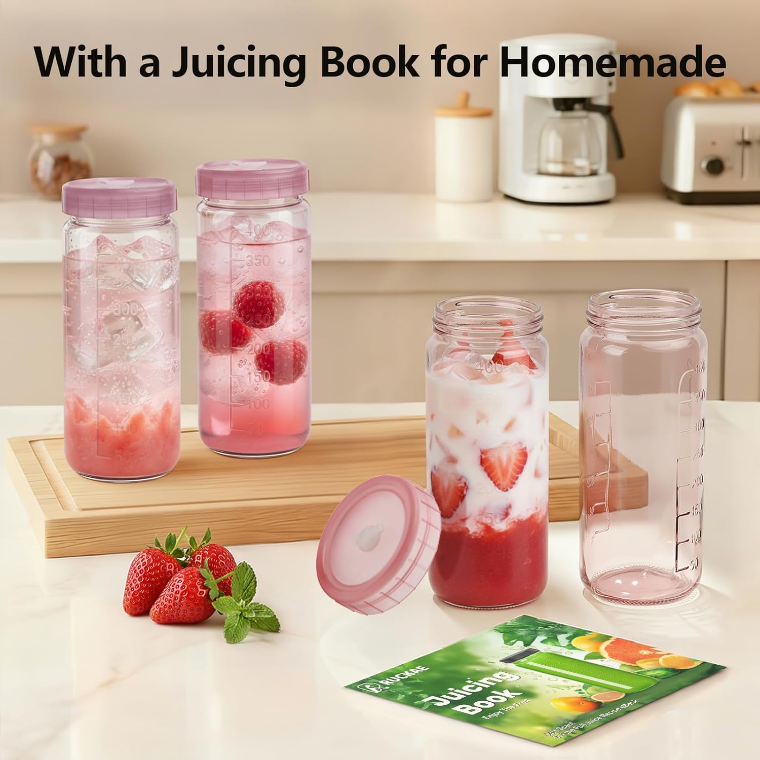 Ruckae 16oz 10 Pack Glass Juice Bottles with Dual Scale, Reusable Glass Bottles with Hole Lids and Straws Mason Jar for Juicing, Smoothies, Kombucha - Water Bottle for Fridge or Gym (Pink) - Image 4