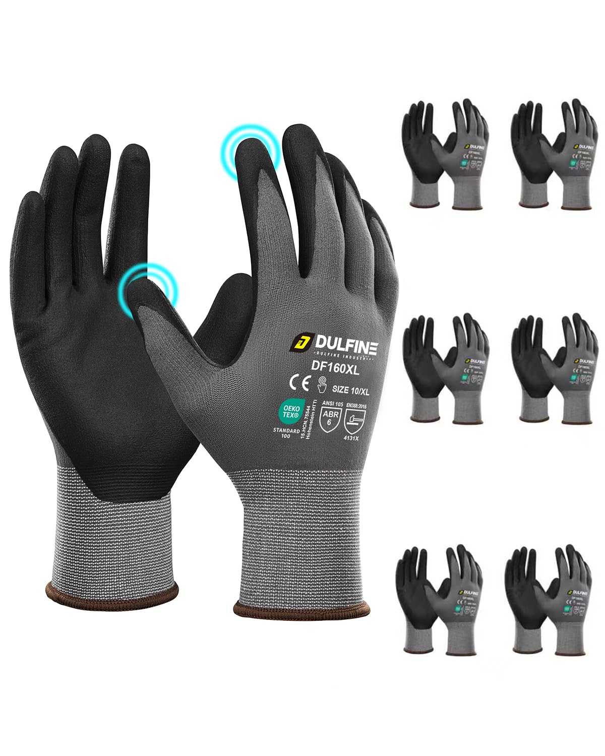 DULFINE Work Gloves for Men & Women,6 Pairs Pack,Touchscreen MicroFoam Nitrile,Ideal for General Purpose,Home Improvement