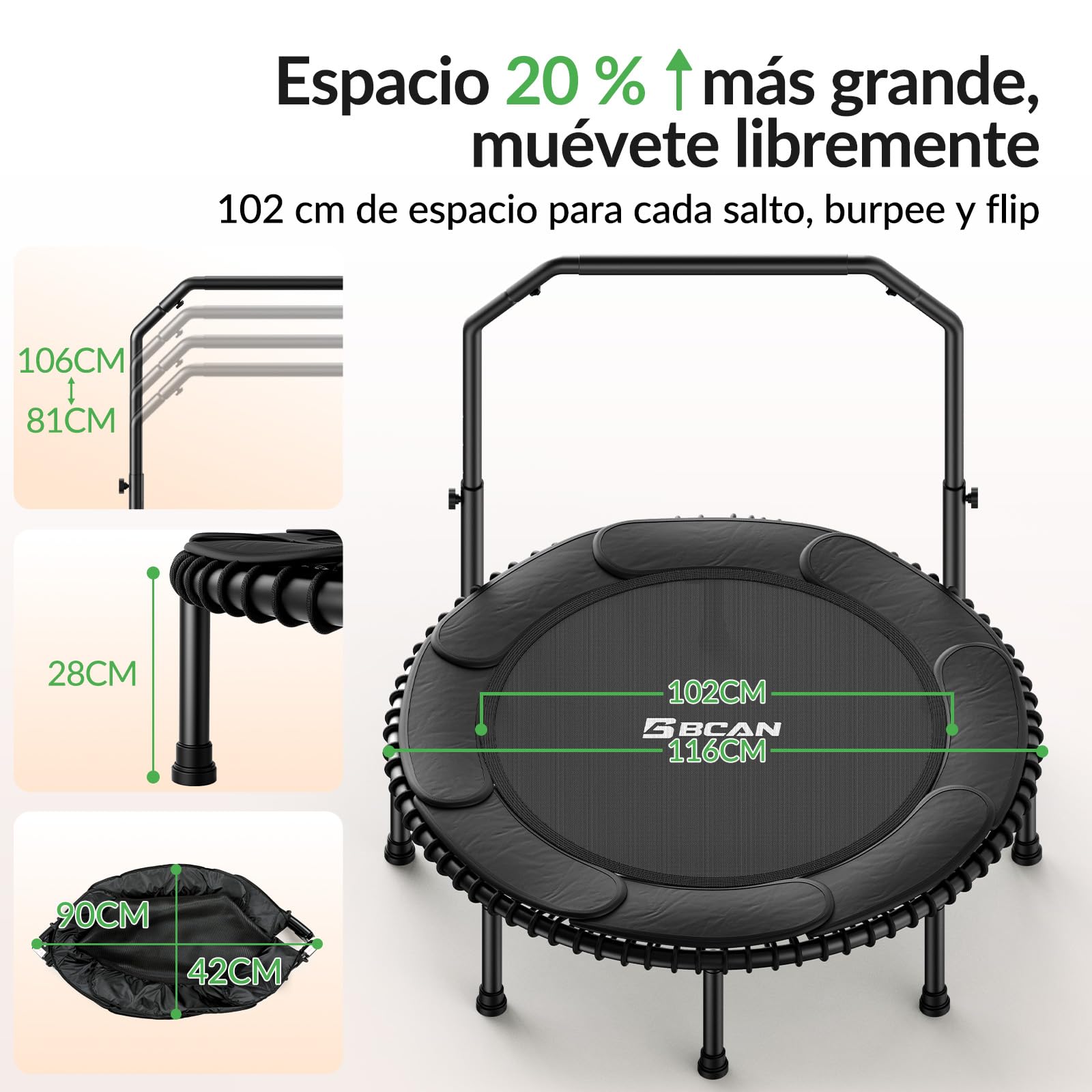 Cama elástica BCAN de 102/122 cm para Adultos, Capacidad de Carga de 204/250 kg, con Cuerdas elásticas, Manillar Ajustable, Estable, silenciosa, para Uso Interior/Exterior.