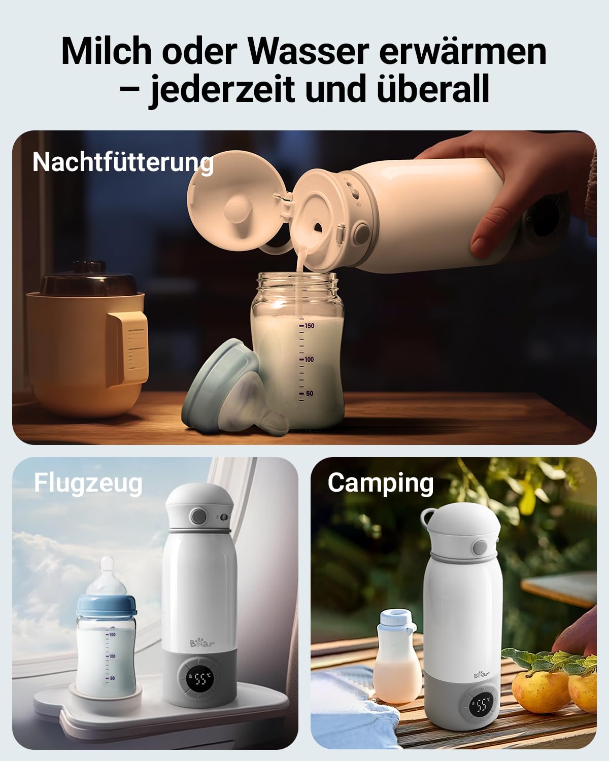 Bear Tragbarer Flaschenwärmer Baby für unterwegs, Schnell aufheizbarer elektrischer Milchwärmer ohne BPA, großes Fassungsvermögen von 500 ml für Muttermilch und Wasser, für Auto, Camping und Reisen