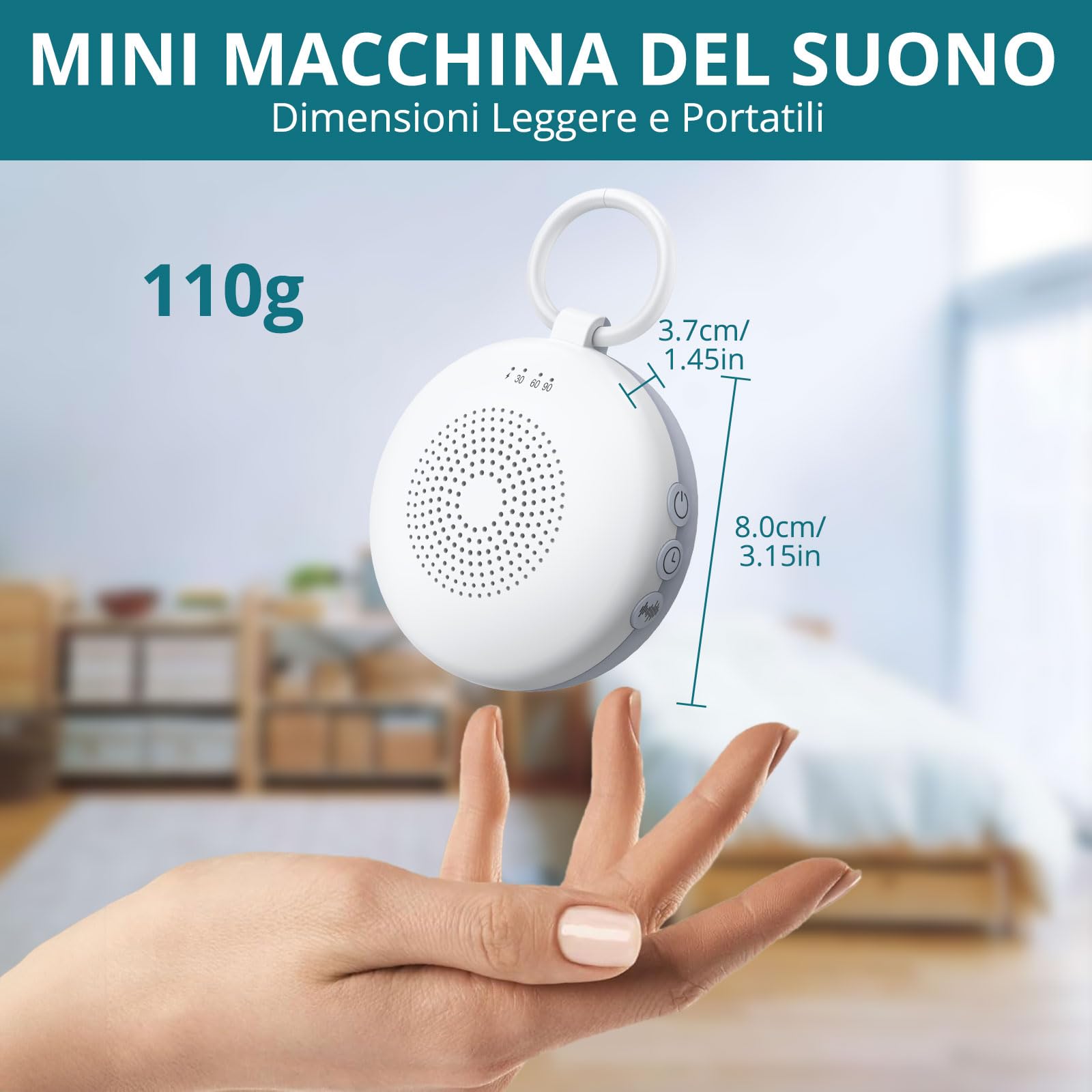 Mini Macchina Rumore Bianco Portatile 12 Suoni Rilassanti 3 Impostazioni del Timer Regalo per Bambini/Asili Nido/Dormire/Yoga Meditazione-con Anello da Appendere