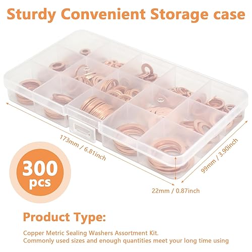 Miniatura 3 de SHRJ Kit surtido de 300 arandelas de sellado métrico de cobre de primera calidad, tapón de drenaje de aceite para arandela de trituración, juntas de