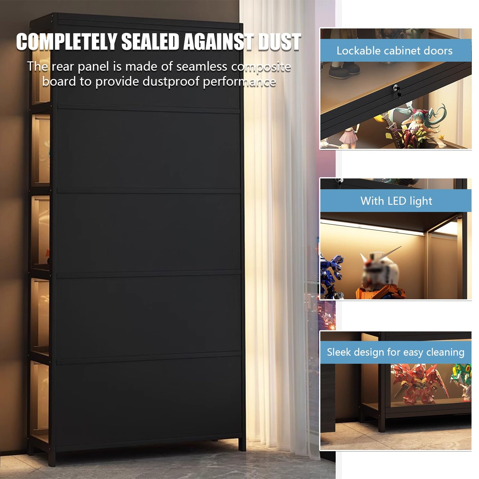 Acryl-Vitrine für Sammlerstücke mit LED-Licht, klare Vitrine, natürliches Bambusmaterial, einfach zu montieren, perfekt für Figuren und Erinnerungsstücke