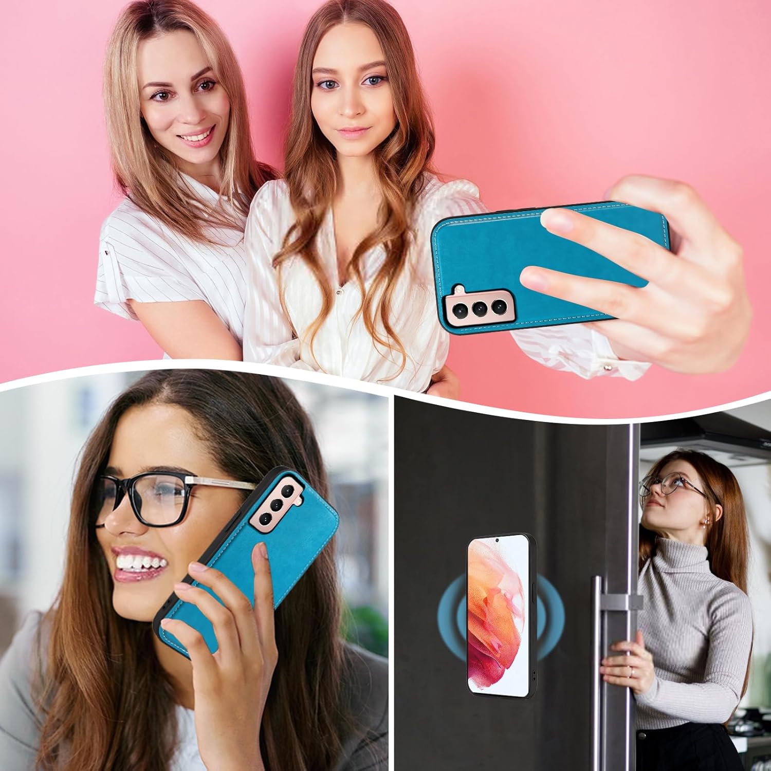Asuwish Phone Case for Samsung Galaxy S21 5G 6.2 inch Zipper Wallet Magnetic Detachable Cell Cover with Tempered Glass Screen Protector Crossbody Strap Flower Credit Card Holder S 21 21S G5 Women Blue