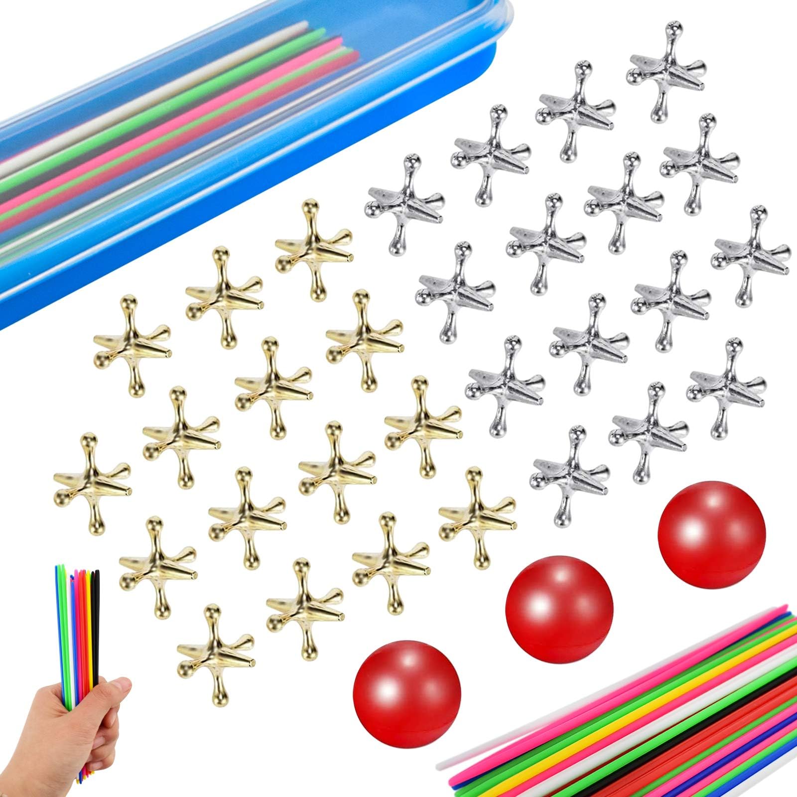 90pcs Pick Up Sticks with 3 Sets Retro Metal Jacks Kit- Include 3 Pieces Red Rubber Balls and 30 Pieces Gold and Silver Metal Jacks, Classic Fun Game Gift of Jacks for Kids Adults Family