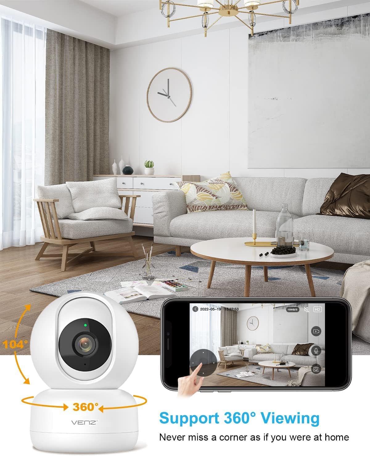 VENZ Indoor Camera showing 360 degree and 104 degree viewing angles