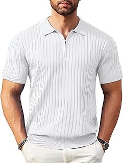 COOFANDY Men's Zipper Polo Shirts Short Sleeve Ribbed Knit Polo T Shirts Fashion Casual Golf Shirts