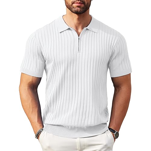 COOFANDY Men's Zipper Polo Shirts Short Sleeve Ribbed Knit Polo T Shirts Fashion Casual Golf Shirts