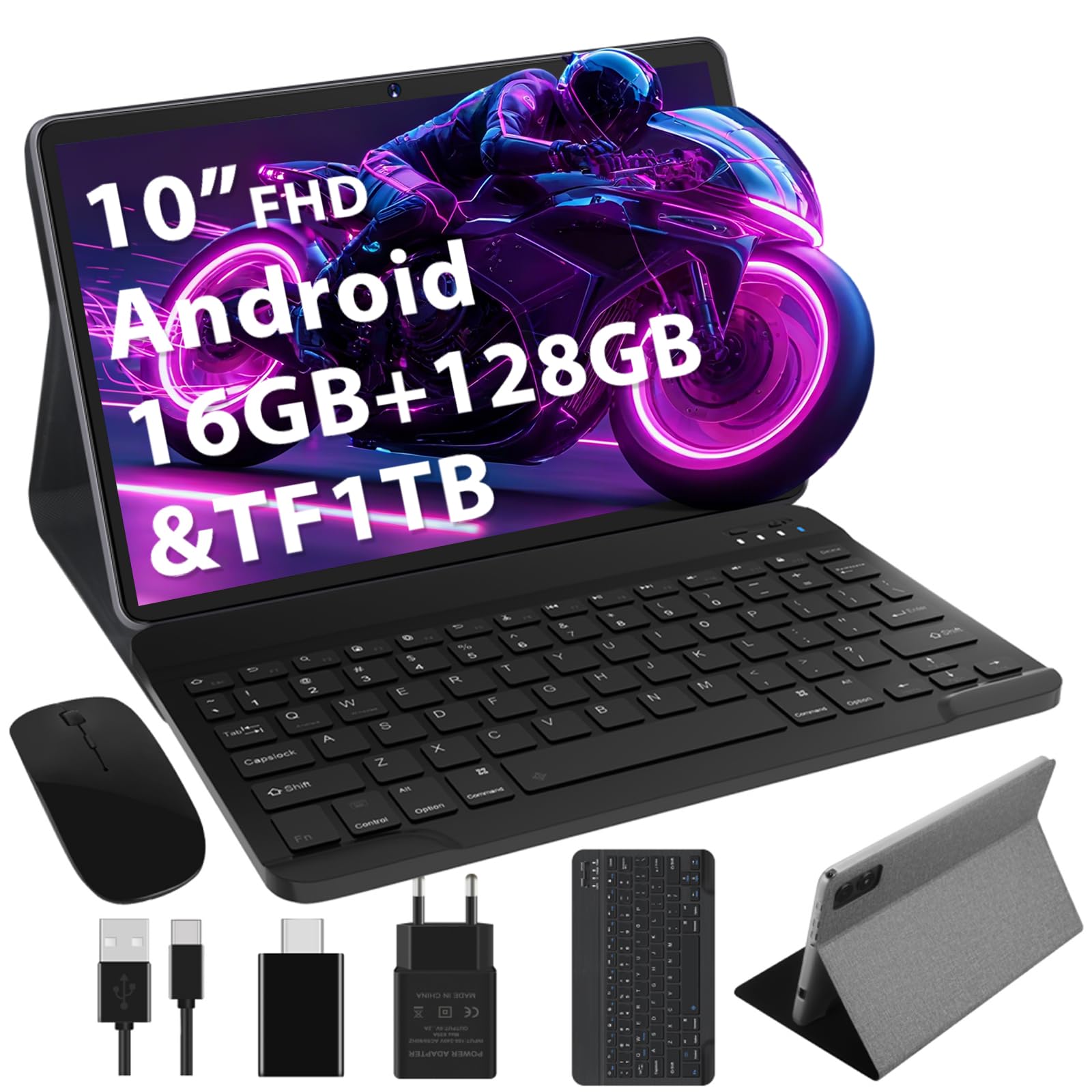 Tablette 10 Pouces, 128Go ROM, 8000mAh, Tablet avec étui, Gris