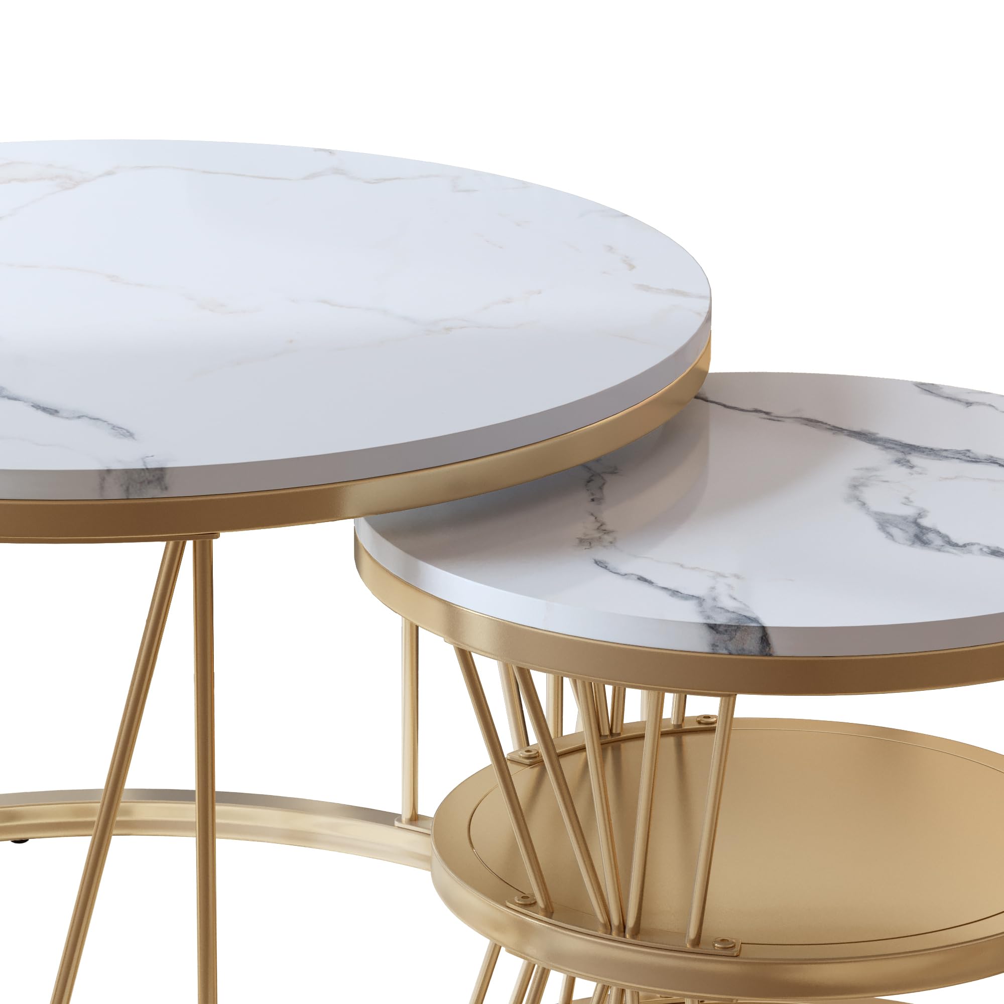 Lot de 2 tables basses rondes, aspect marbre, élégantes avec cadre en métal robuste, tables basses modernes pour salon et chambre à coucher (doré)
