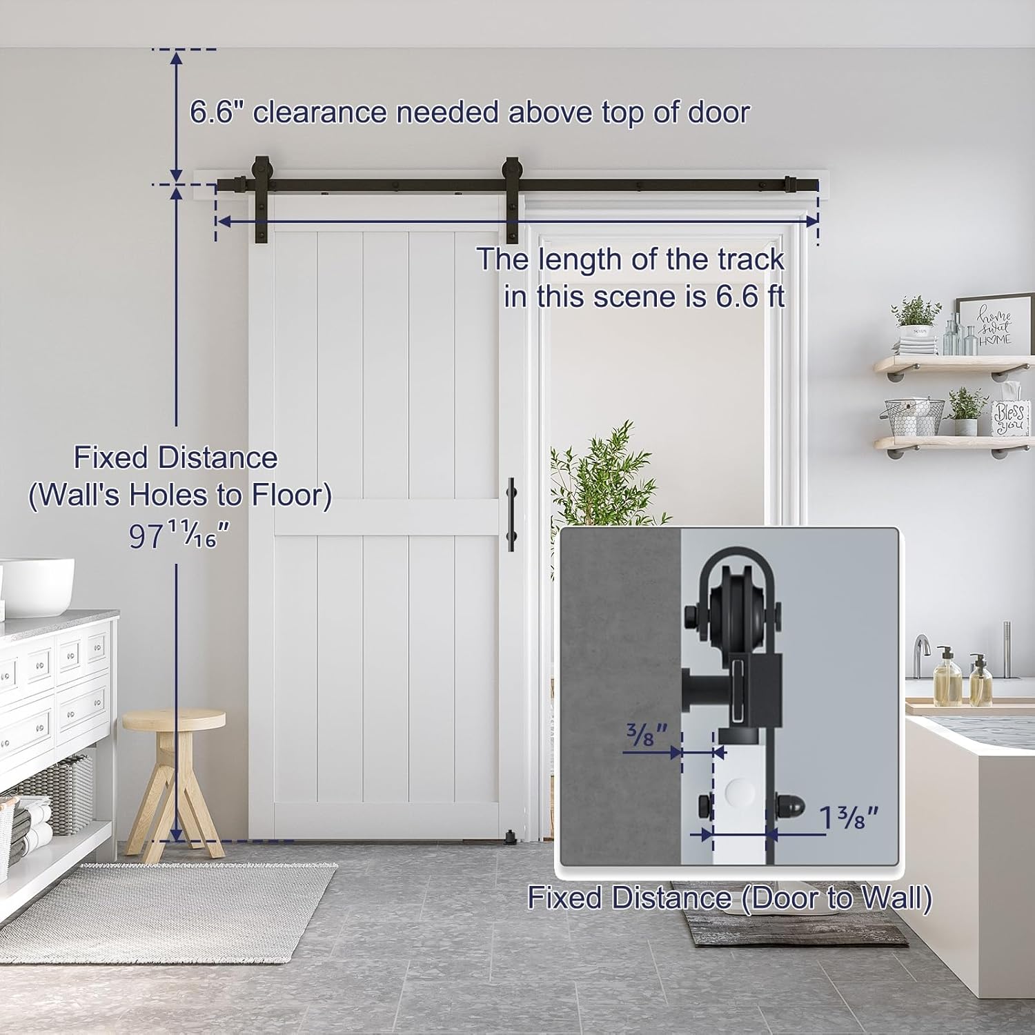Diagram showing barn door dimensions and required wall clearance for installation.