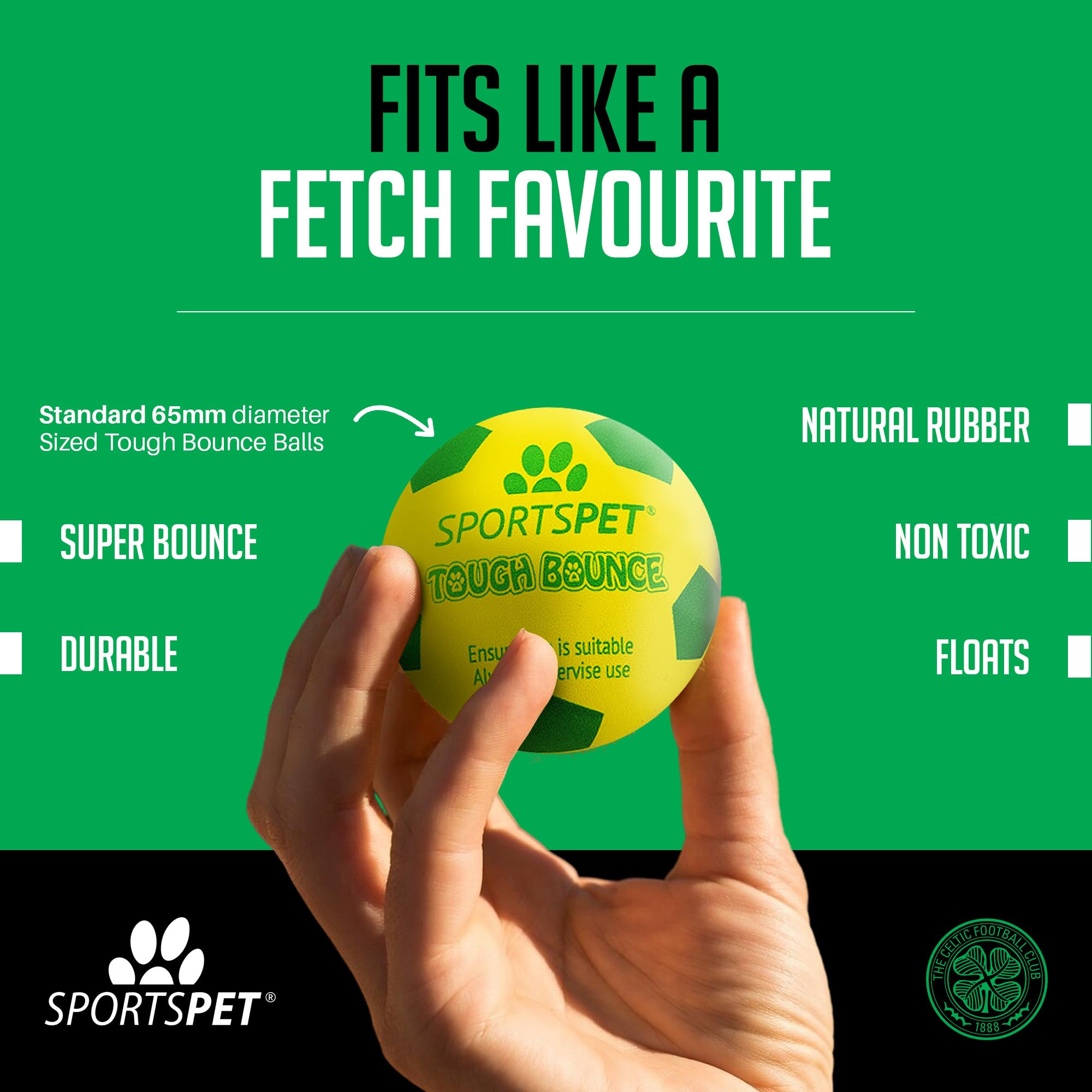 SPORTSPET x Celtic Tough Bounce Dog Balls, Green, White, 65mm - Image 3