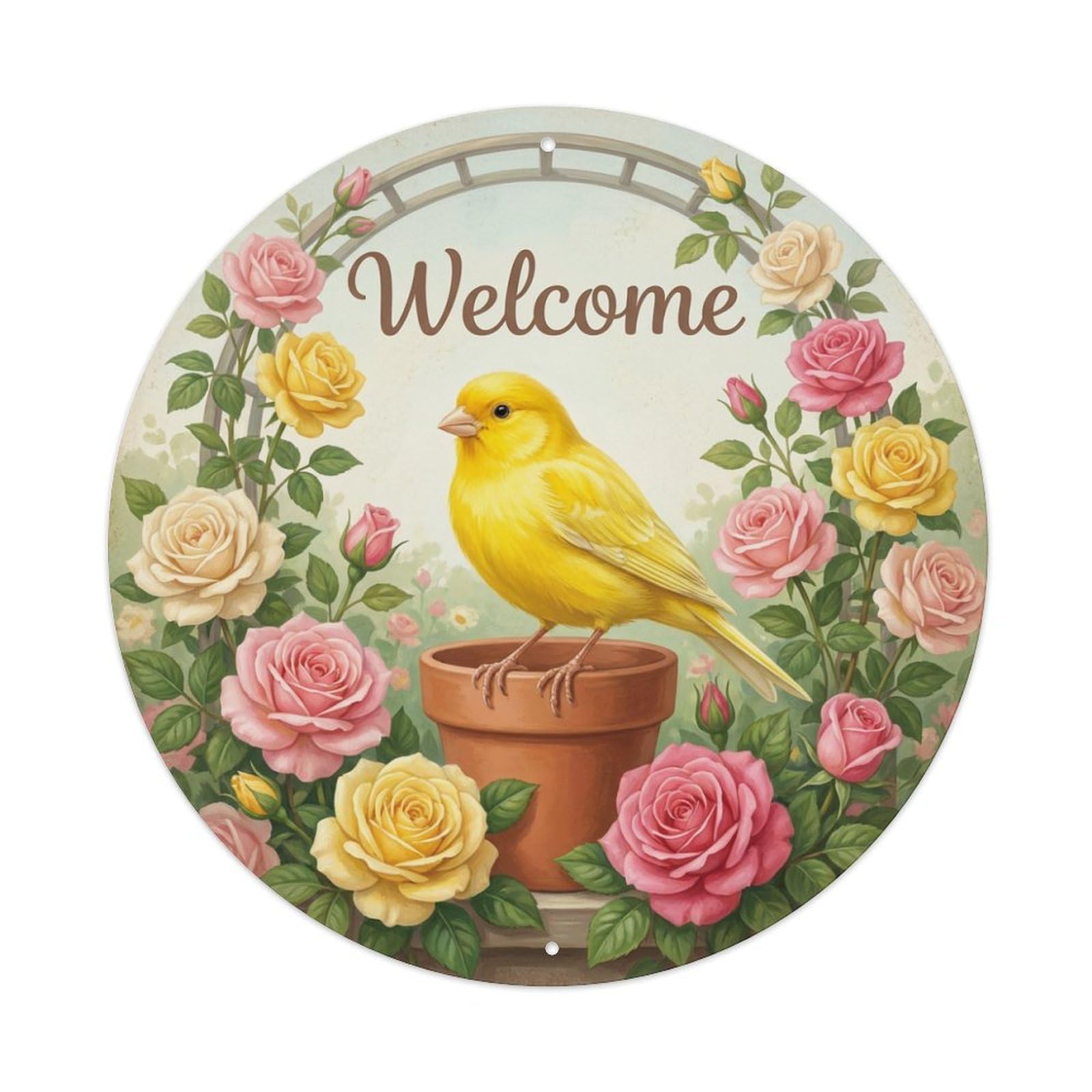 Welcome Canary Rose Arbor Metal Tin Sign