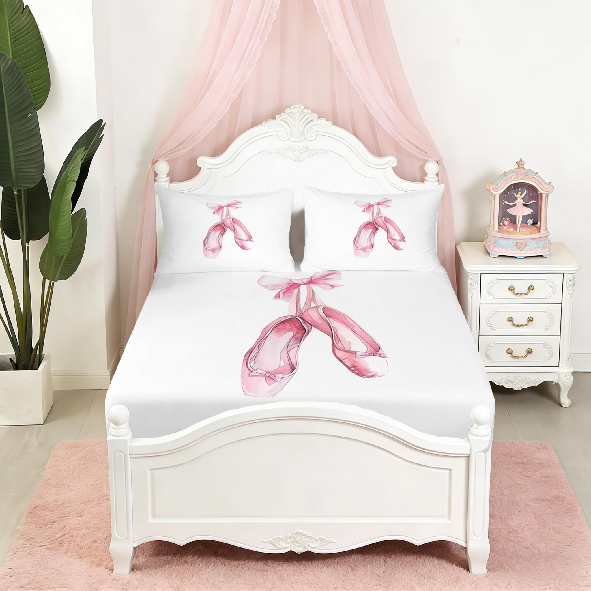 Homewish Ballet Shoes Fitted Sheet Queen Size Ballet Theme Bedding Set Pink Shoes Sheet Set,Dance Bed Cover Ultra Soft Breathable Bedspread 3 Pcs for