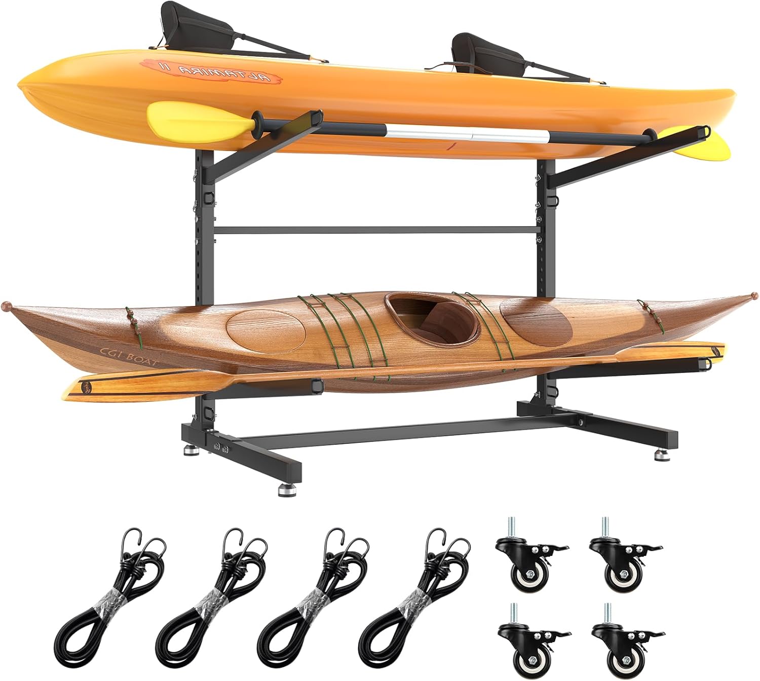 LotFun Kayak Storage Rack, Freestanding Heavy Duty Adjustable Kayak Stand Indoor Outdoor Storage Rack Garage, with Wheels and Foot Pad, for Kayaks, SUPs, Canoes, Surfboard(2 Levels)