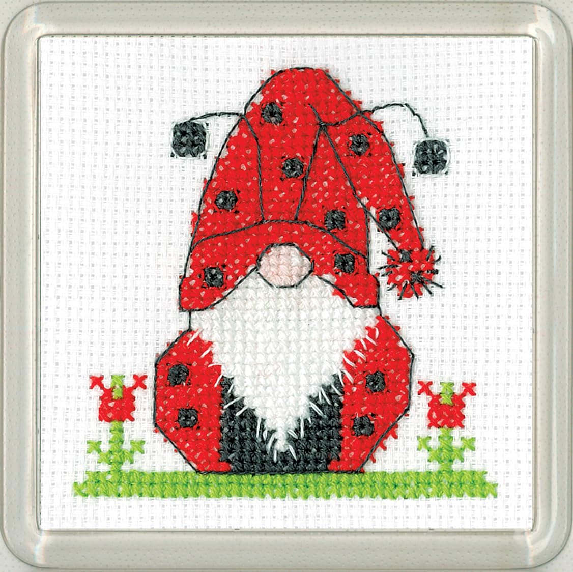 Heritage Crafts Gonk Coaster Cross Stitch Kit - Gonk Ladybird Coaster - Kirsten Roche Designs