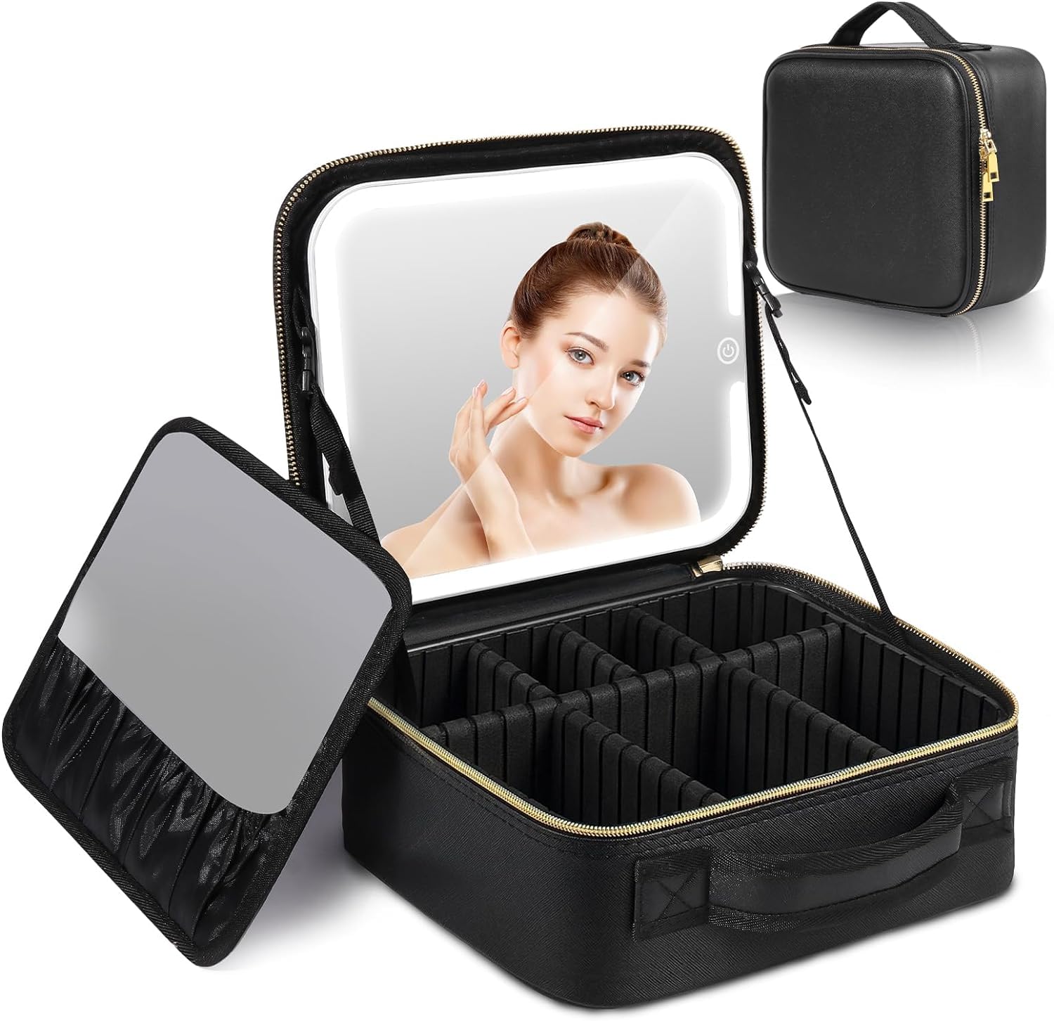 South Area - Estuche de Maquillaje Portátil con Espejo Iluminado y Lámpara LED, Bolsa de Maquillaje de Viaje, Material Duradero Impermeable, Gran Capacidad, Diseño Ligero - Elegante, Negro