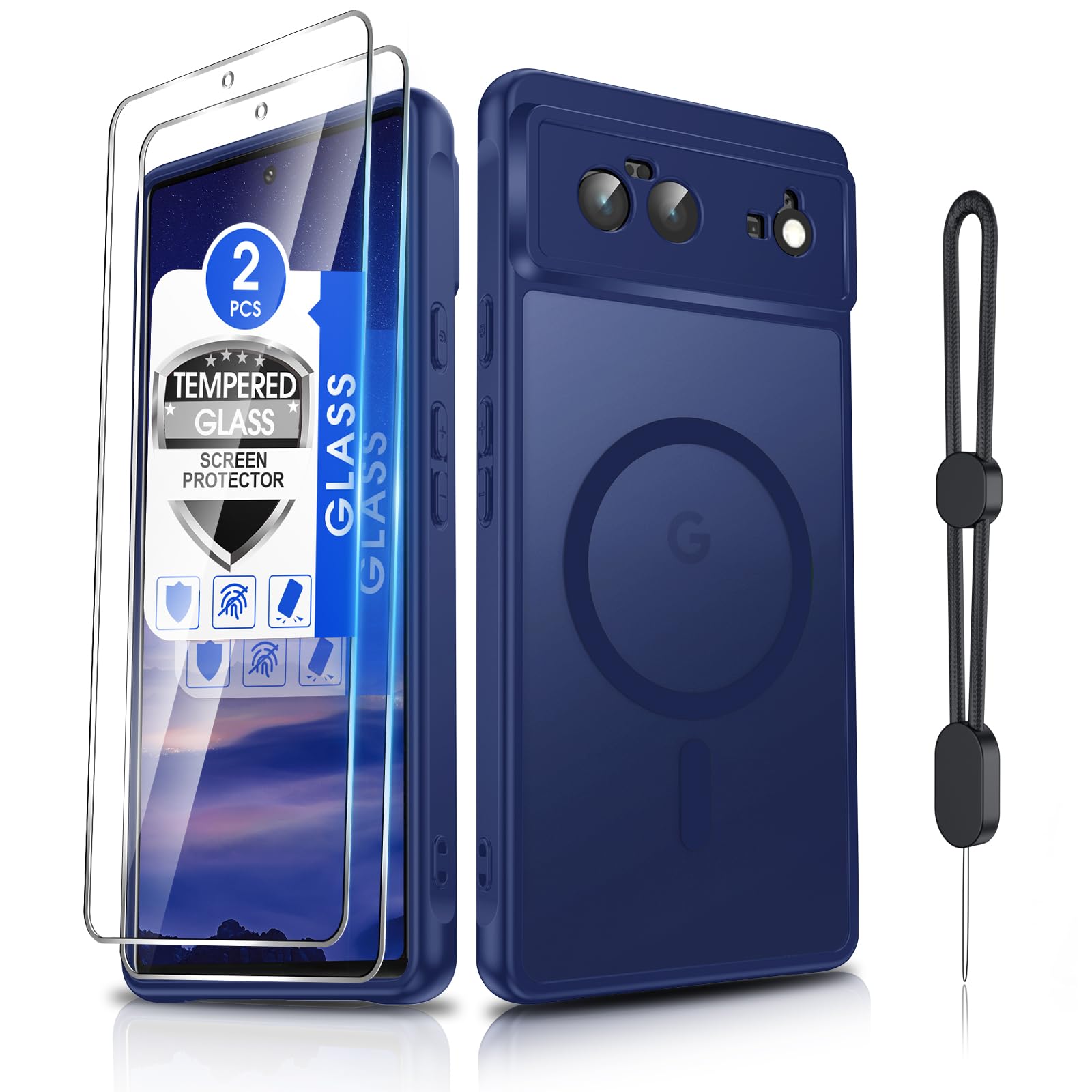 Dizn for Google Pixel 6 Phone Case:with [2 Piece] Tempered Glass Screen Protector,Wrist Band,[Fit for MagSafe],Matte Translucent Slim &amp; Military Grade Anti Shock for Pixel 6,Dark Blue