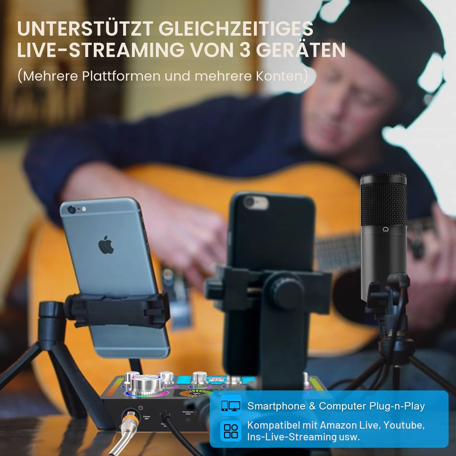 Podcast-Ausrüstungs-Bundle, Audio-Schnittstelle und XLR-Kondensator-Mikrofon, Studio-Ausrüstung mit 48V Phantomspeisung, Bluetooth für Podcast, Streaming, Voice Over, Singen, PC