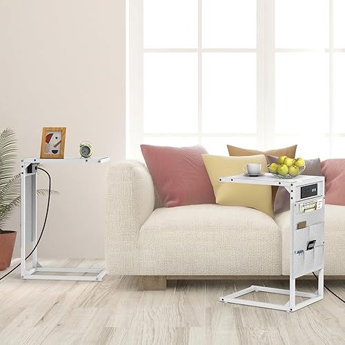 Miniatura 6 de CADUKE Mesa auxiliar en forma de C con estación de carga, juego de 2 bandejas de TV, mesas auxiliares de sofá con bolsa de almacenamiento, mesas de
