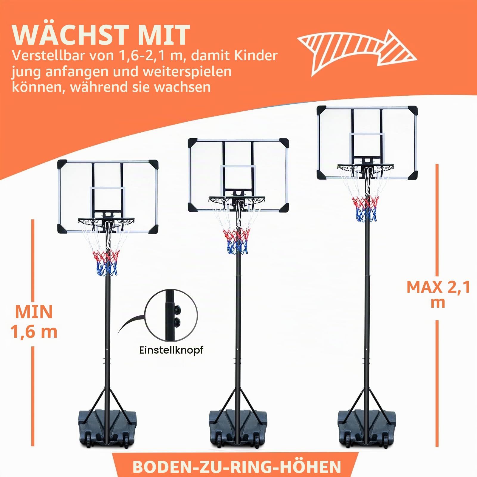 HIONRE Tragbarer Basketballkorb Basketballständer verstellbar 165-213 cm Schwarz