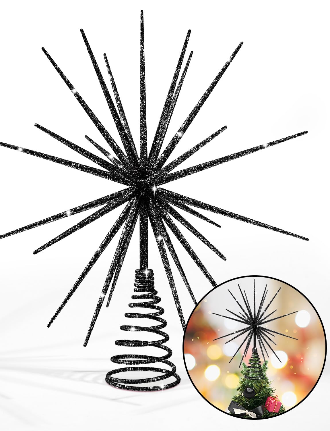 Cimier de sapin de Noël noir de 35 cm – Étoile explosive en 3D pour sapin de Noël