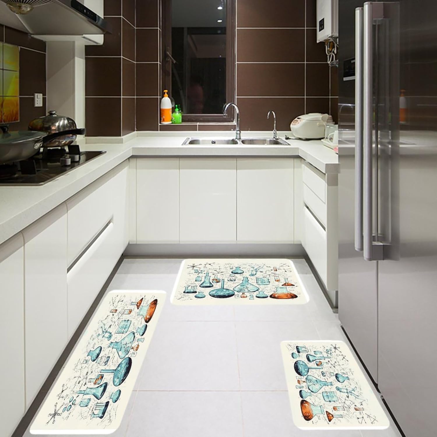 Chemistry Print Kitchen Mat Set of 3 Waterproof Floor Mats Non-Slip Kitchen Rugs Premium Flannel Rug Heavy Duty Standing Mat for Kitchen Home Bathroom Laundry