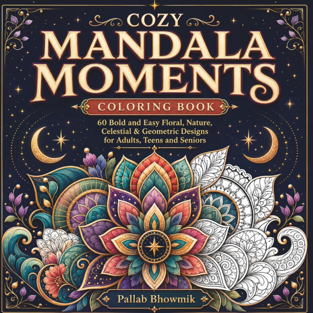 Cozy Mandala Moments Coloring Book: 60 Bold and Easy Floral, Nature, Celestial & Geometric Designs for Adults, Teens and Seniors