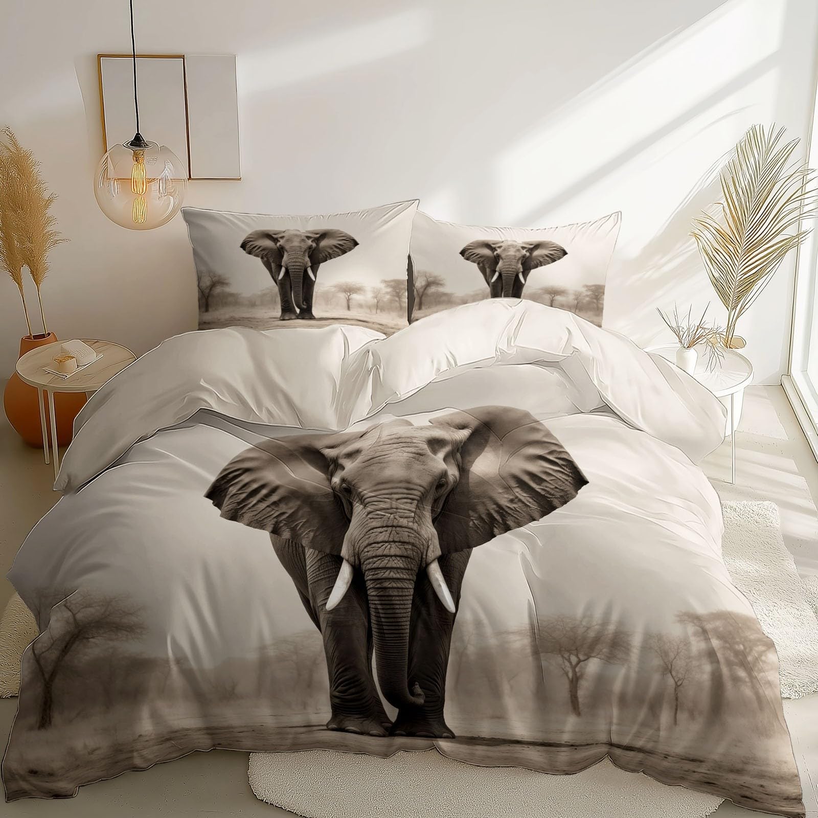 Copripiumini 200 x 200 cm 3 pezzi,reversibile Morbido Stampe Elefante Documentario Natura Selvaggia set da letto federe copripiumino per adulti Bianco