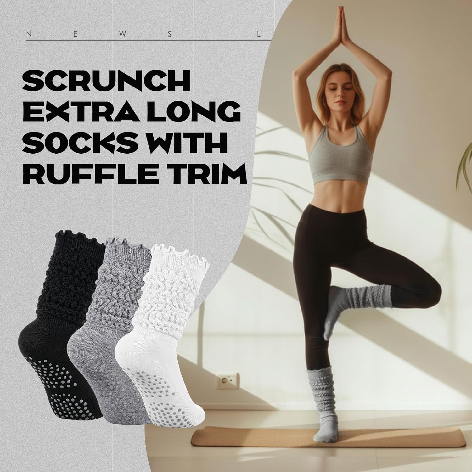 6 Pairs Grip Pilates Ruffle Socks for Women Yoga Grippy Ruffle Long Slouch Sock Non Slip Socks for Barre Hospital - Image 4