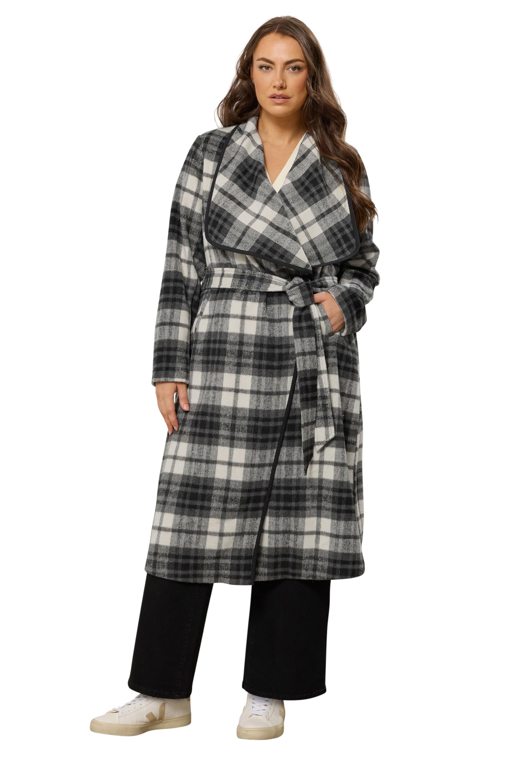 Evans Women's Black & White Check Waterfall Coat - Plus Size Curve