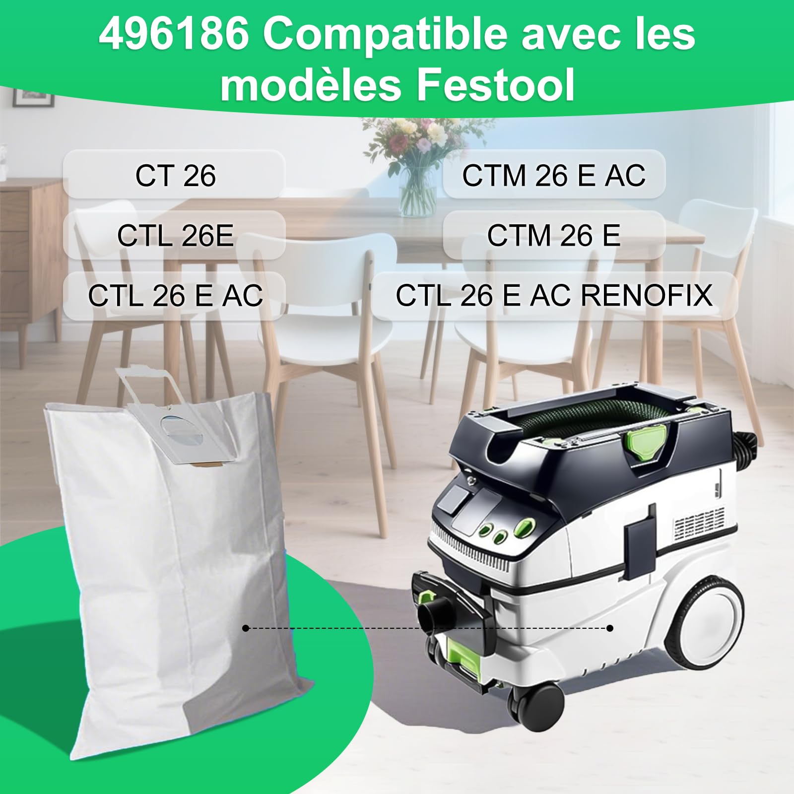 10 Sac Aspirateur compatible avec Festool CT 36 / CTM 36 E/CTL 36 E Aspirateur, 496186 Sac filtrants pour Festool SC FIS-CT 36, Jetables et Grande Capacité