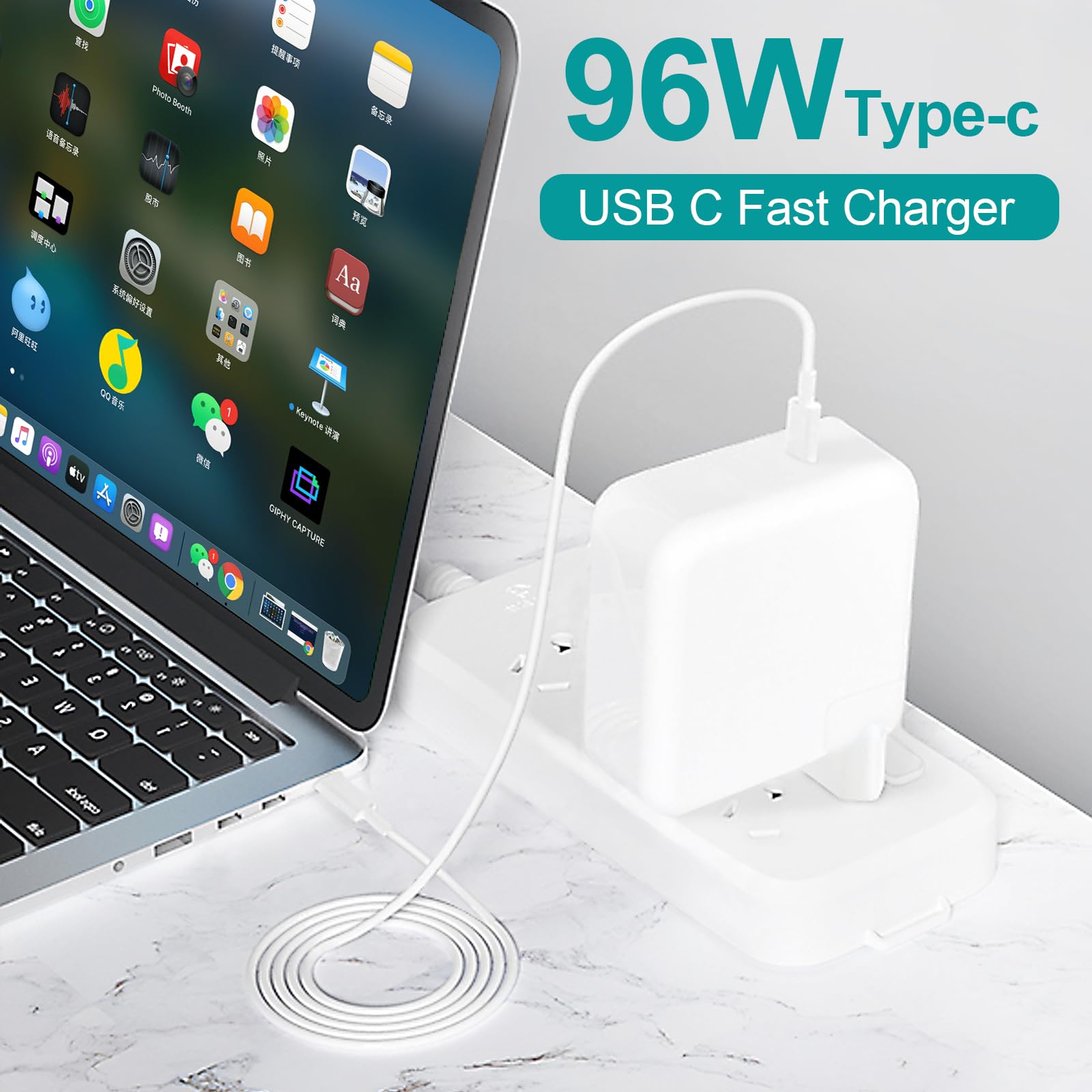 Caricabatteria 96W USB-C Per MacBook Pro/Air - Compatibile Con IPad Pro, Cavo 2m - Ricarica Rapida E Sicura