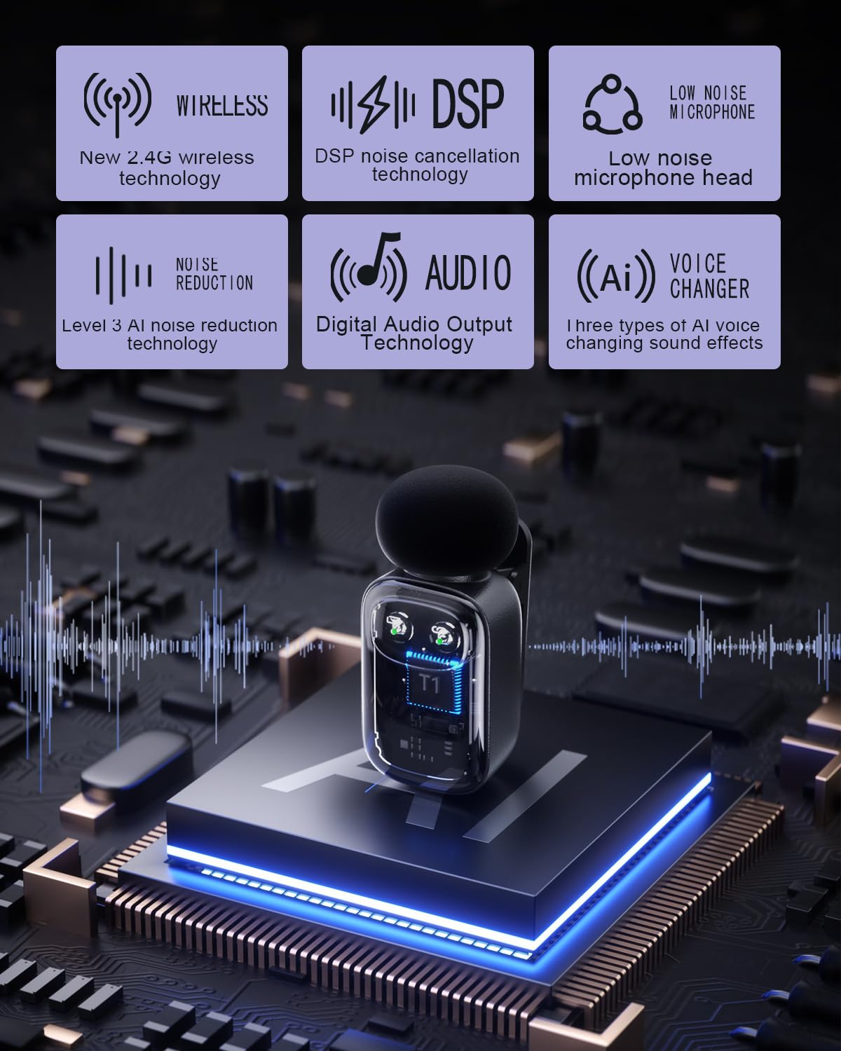Microfono lavalier wireless per iPhone/fotocamera/laptop con custodia di ricarica, riduzione del rumore di terzo livello, durata della batteria 30H, microfono da bavero wireless per