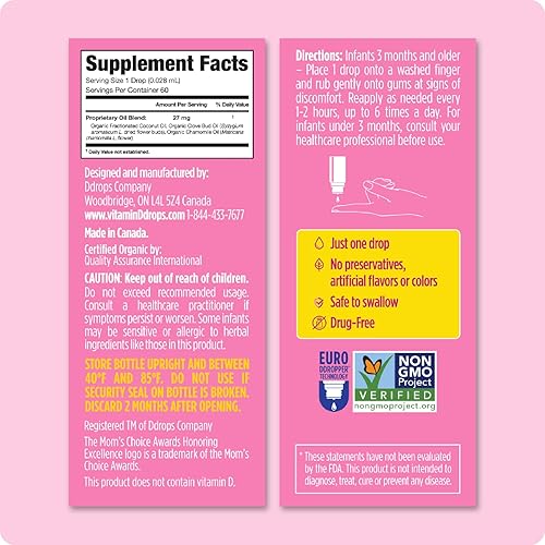 Miniatura 3 de Ddrops Gotas de dentición orgánicas para bebés, calma y calma las encías tiernas de forma natural, formato de gotas fácil de usar, 3 meses +, 60