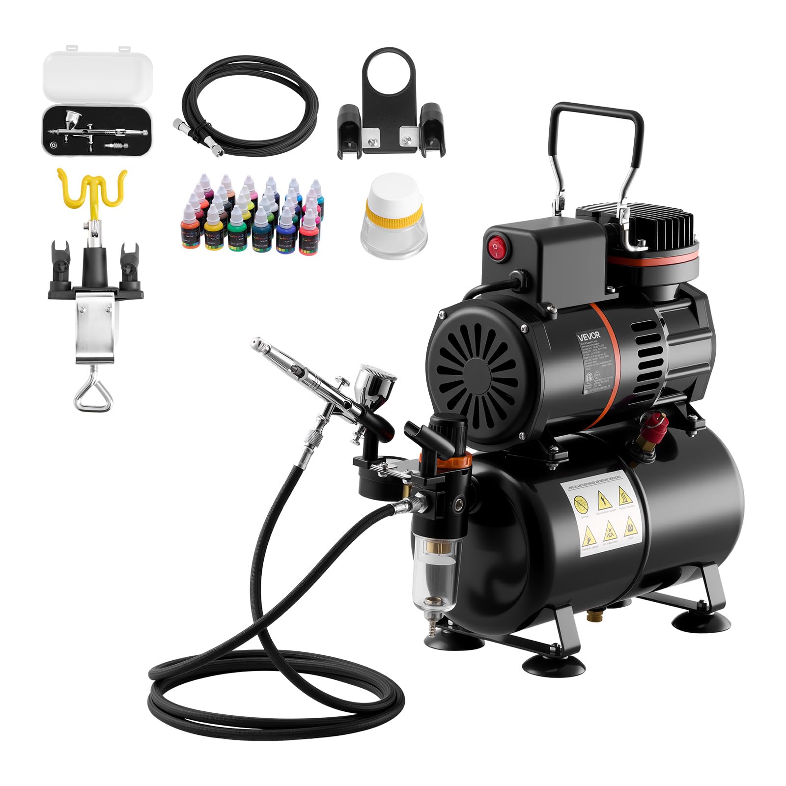 VEVOR Set Aerografo con Compressore d'Aria Serbatoio 1/6 HP, 1 Aerografo a Doppia Azione con Ugello 0,3 mm Tubo Flessibile Vernice Acrilica Ventole, Kit Aerografo per Decorazione di Pittura, Modelli