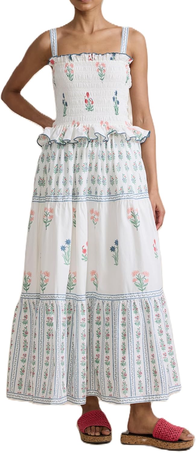 UAURORAO Women Floral Smocked Maxi Dress Frill Ruffle Tiered Flower Long Dresses Boho Flowy Vacation Beach Sundresses