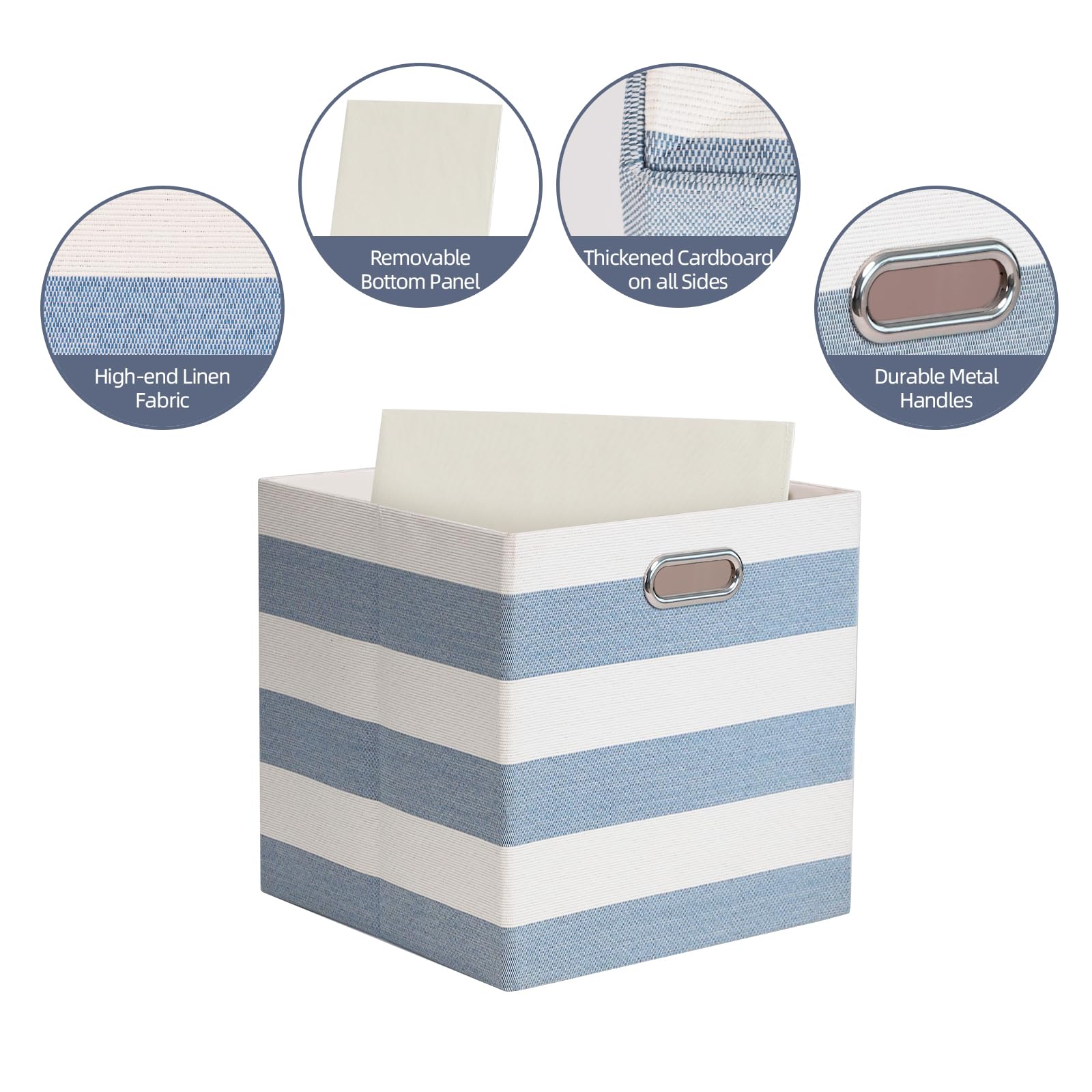 Würfelförmige Aufbewahrungsbehälter, zusammenklappbare Aufbewahrungswürfel, Aufbewahrungsboxen aus Stoff für Home-Office-Kleiderschrankregale, 4er-Pack, 33x33x33 cm, Blau/Weiß | Faltbare Stoffbehälter mit Griffen, gestreifte Boxen für Büro, Kleiderschrank