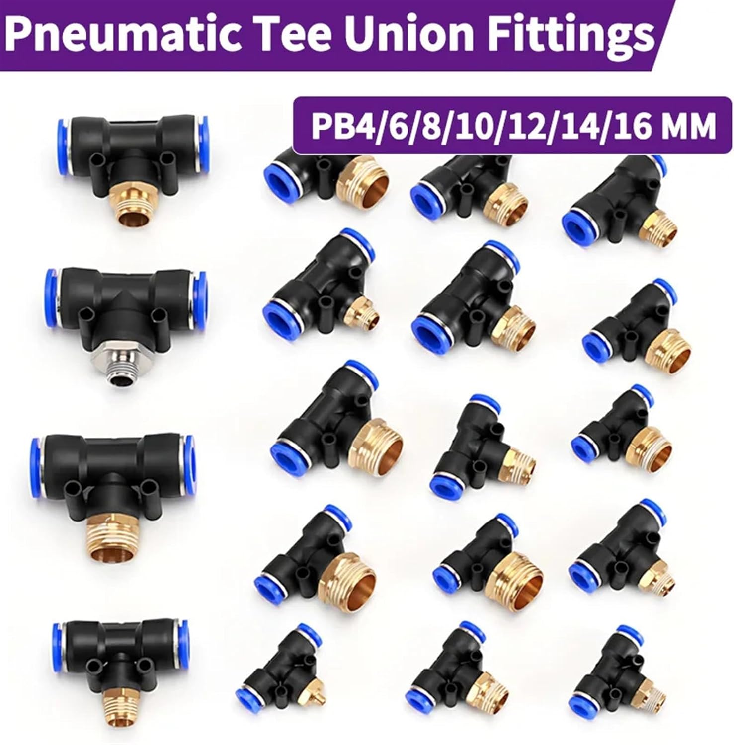 50 PCS PB Push to Connect Tube Pneumatic Male Branch T Type Tee Fitting - 4/6/8/10/12mm Tube OD x M5/01/02/03/04 Thread (Color : PB4-M5, Size : 50 PCS)