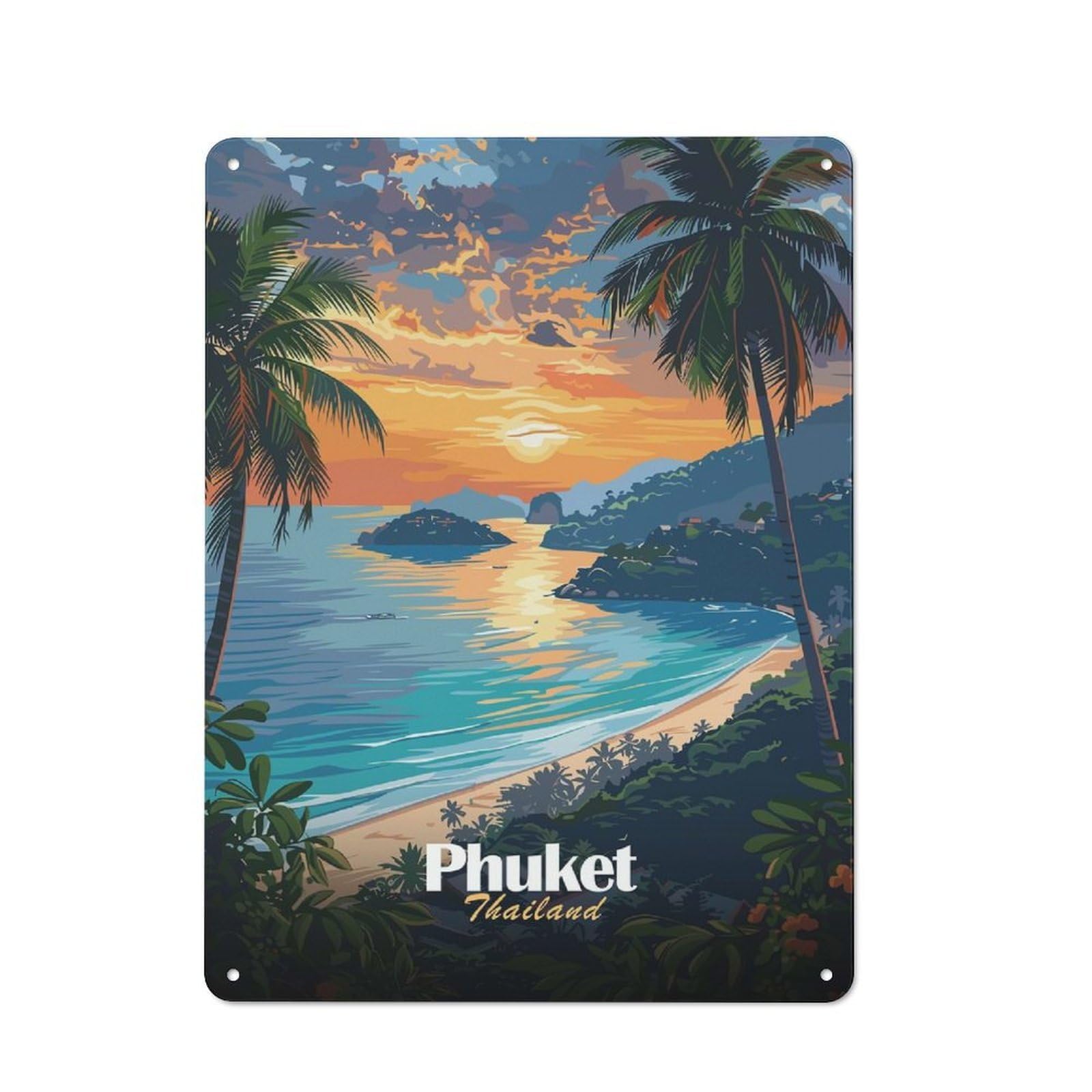 Weathered Look Phuket Sunset Beach Metal Wall Sign 40x30cm, Shed Wall Plaque for Tool Room, Garage, Studio Or Home Bar