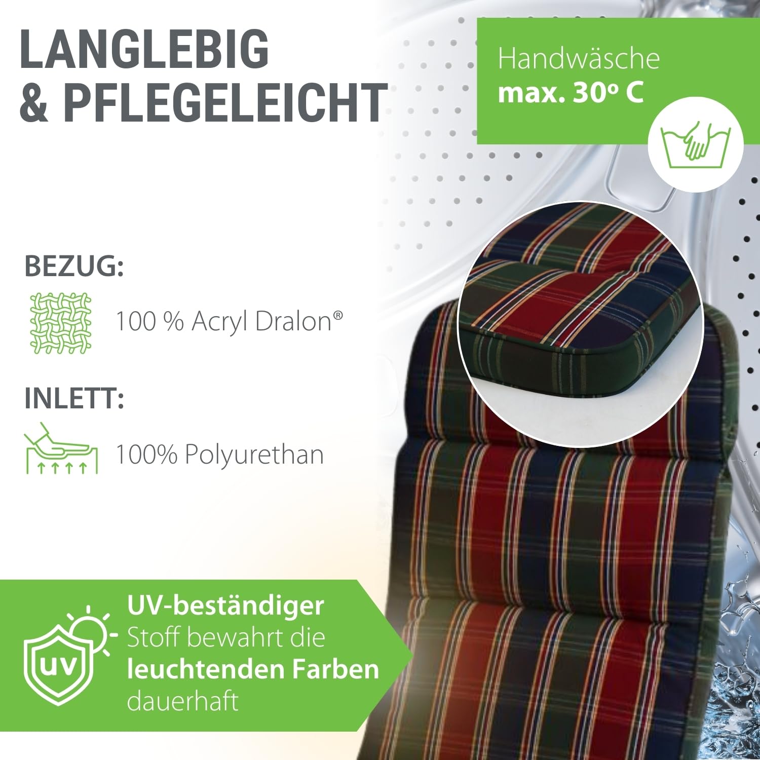 Auflage Rollliege rot-blau-grün kariert I Gartenliege Polster 200x65x9cm I hochwertige & pflegeleichte Liegenauflage I wetter- & formbeständige Liegen-Auflage I KTH3 Liegestuhlauflage