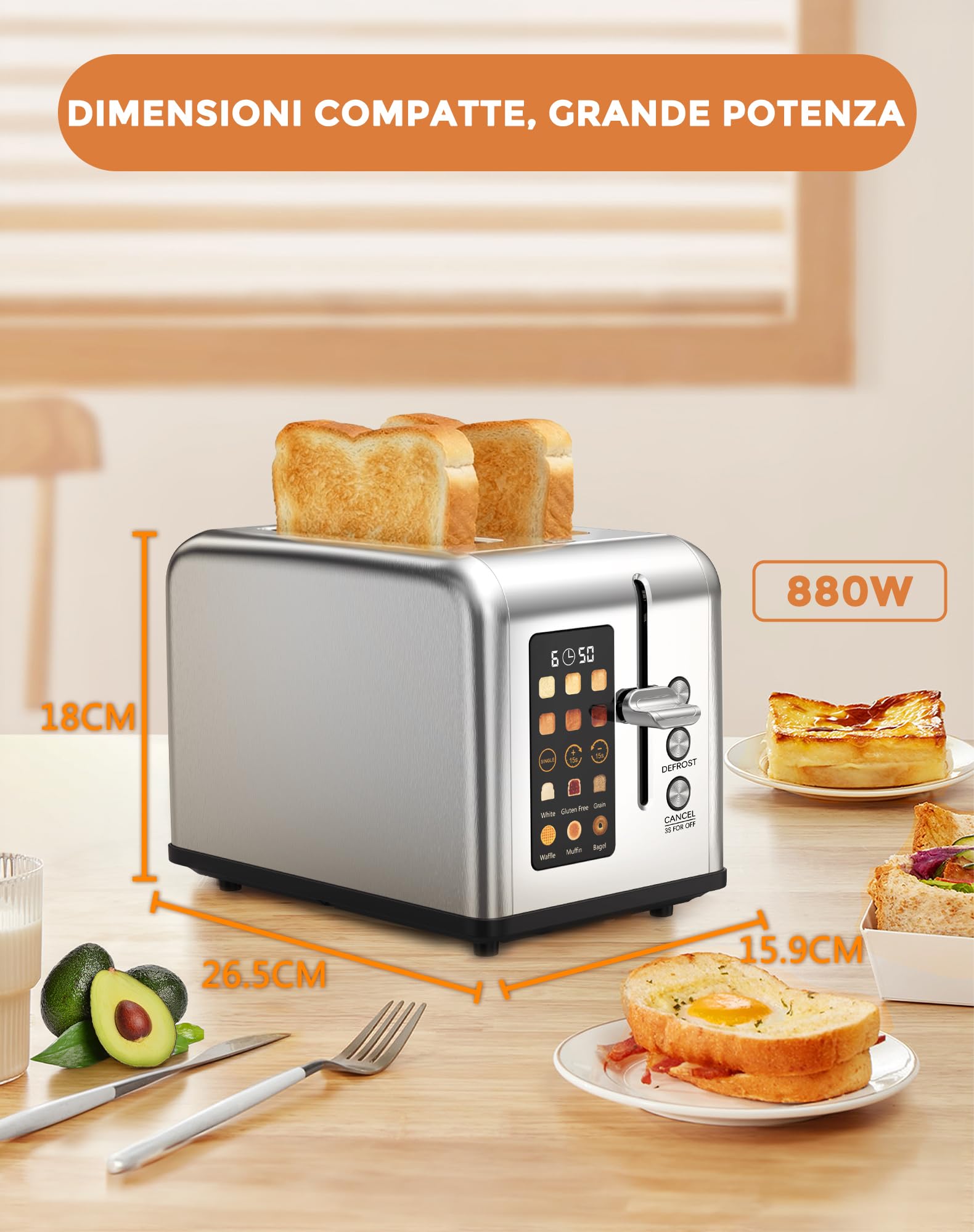 Tostapane 2 Fette, Tostapane per Toast Farciti 880W, LED Touchscreen, 6 Livelli di Tostatura, 6 Programmi per il Pane, Funzioni Riscaldamento/Scongelamento/Stop, Acciaio Inox ﻿ (Argento-01)