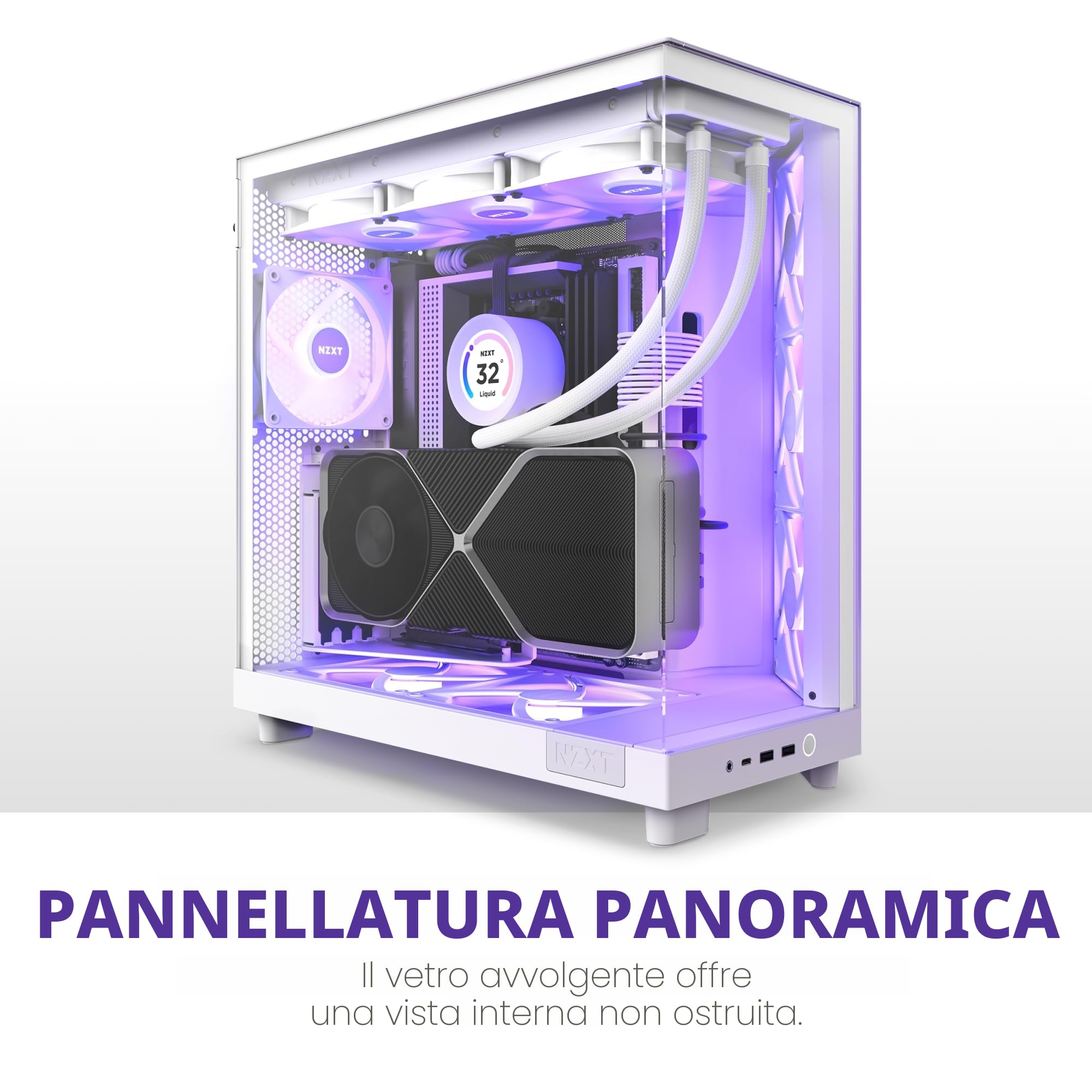 NZXT H6 Flow RGB, CC-H61FW-R1, Case Mid-Tower Compatto a Doppia Camera con Flusso d'Aria, Include 3 Ventole RGB da 120 mm, Pannelli in Vetro Panoramico, Flusso d'Aria ad Alte Prestazioni, Bianco