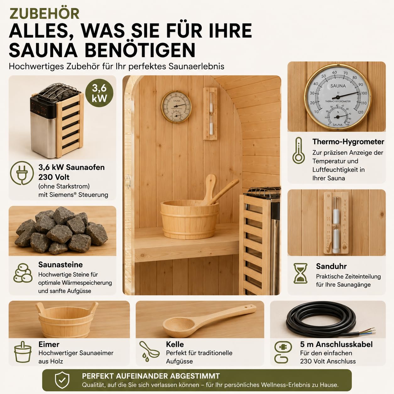 WELCON Easyheat Solo Outdoor - Sauna de barril para exteriores (120 x 120 x 194 cm, madera de abeto, 230 V, 3,6 kW, horno eléctrico, 1-2 personas, con piedras para sauna y cubo de infusión)