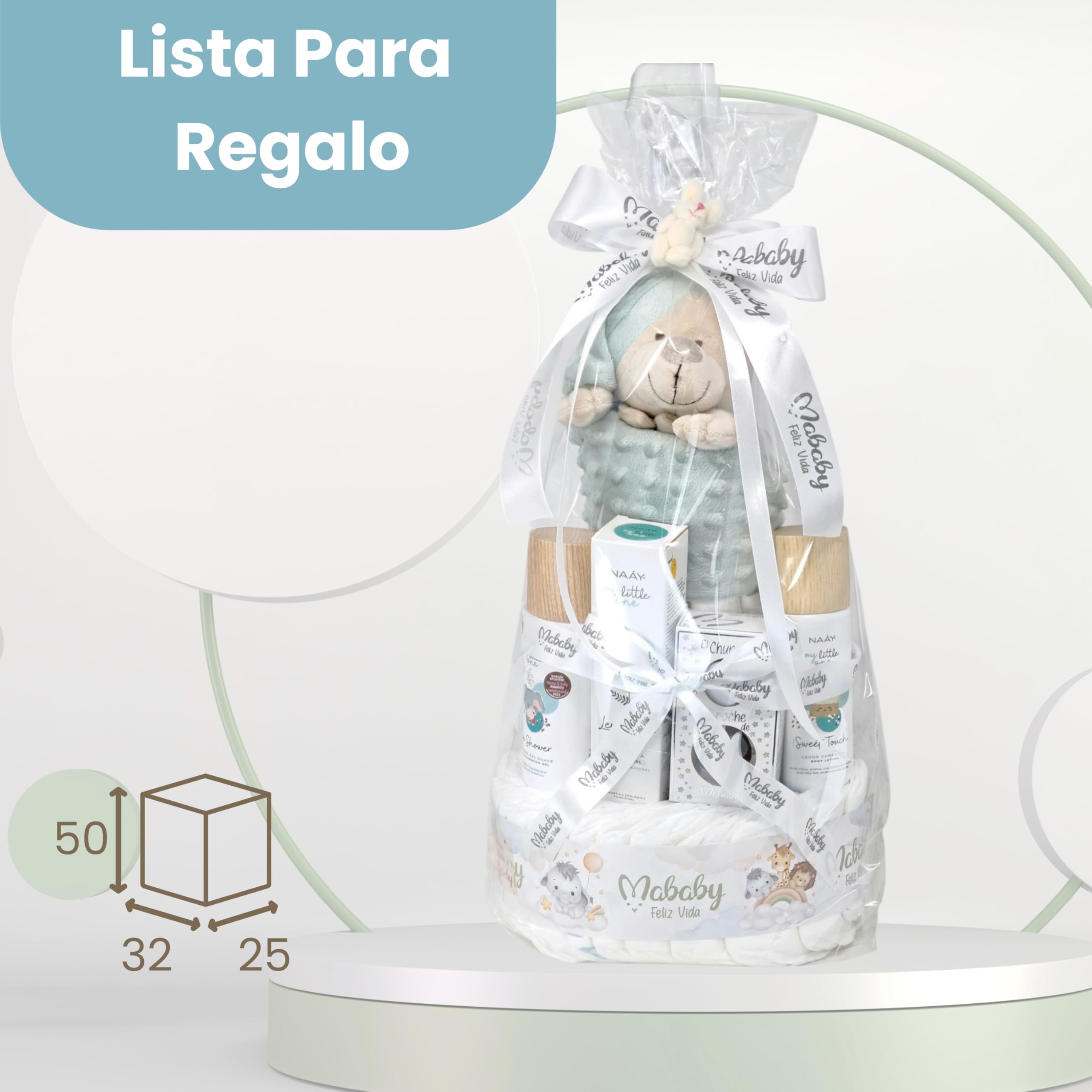 Tarta de Pañales Lavender, 42 Pañales y Doudou (Gris) | Tarta de 3 pisos con 42 pañales talla 2, doudou osito y chupete con nombre, set de higiene y toallitas
