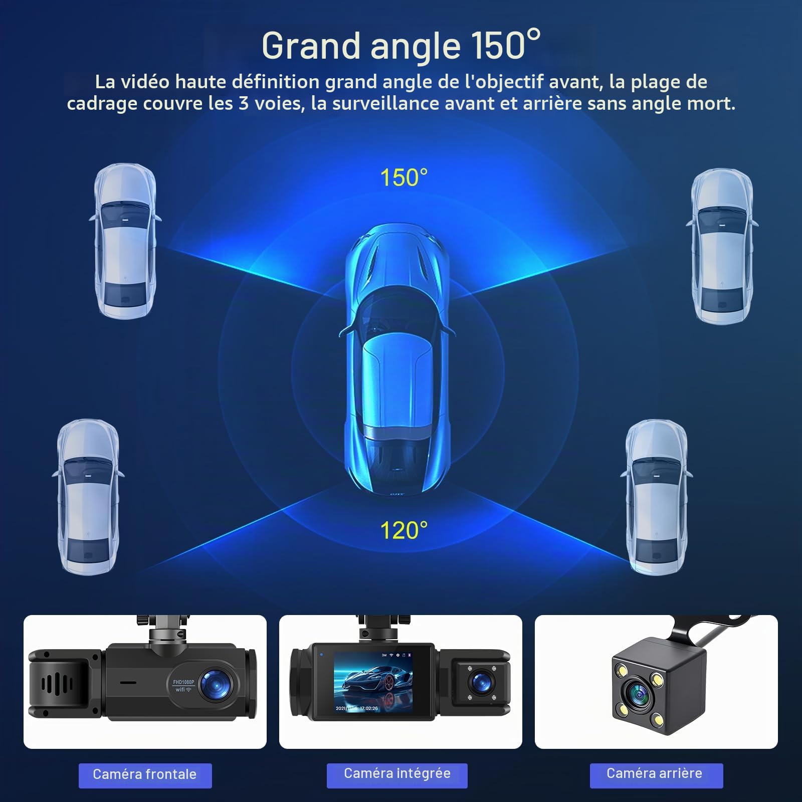 1080P WiFi Dash Cam, 3 Channel Dash Cam Front and Rear Inside, Caméra de Bord Full HD 2.0 inch IPS pour Voitures avec Enregistrement en Boucle, Vision Nocturne, Détection de Mouvement