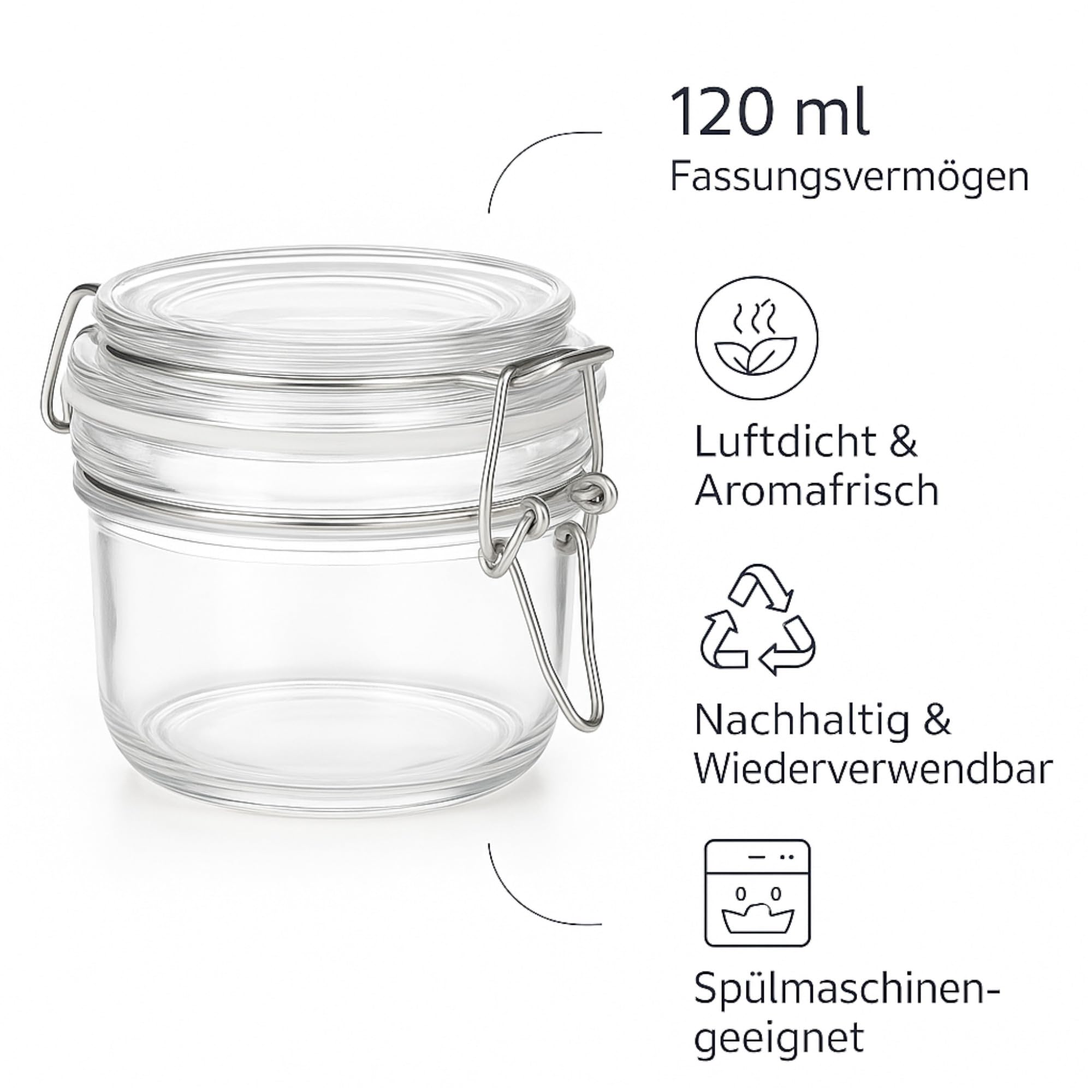 gouveo 8er Set Vorratsglas 120 ml (0,12 l) rund mit Bügelverschluss – kleine Gläser zum Befüllen und Portionieren, Aufbewahrungsgläser für Gewürze, Kräuter, Marmelade und Kleinteile (BGR120)