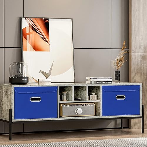 Miniatura 5 de Cubo de almacenamiento plegable de tela de lino con tapa, asas de cuero, divisor extraíble para el hogar, armario, azul oscuro, 3 unidades